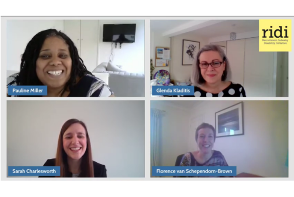 Screengrab of Florence Van Schependom-Brown, Sarah Charlesworth and Glenda on a virtual RIDI event